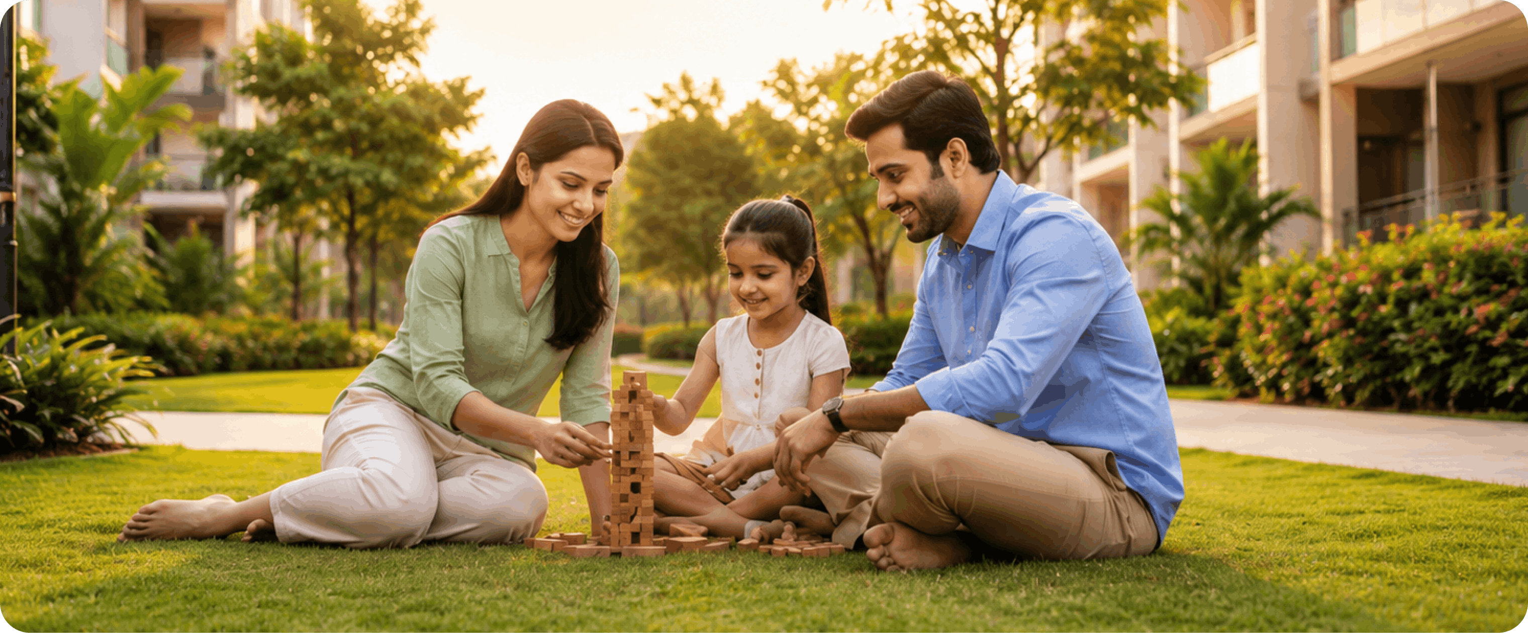 Family enjoying a landscaped Mahidhara community